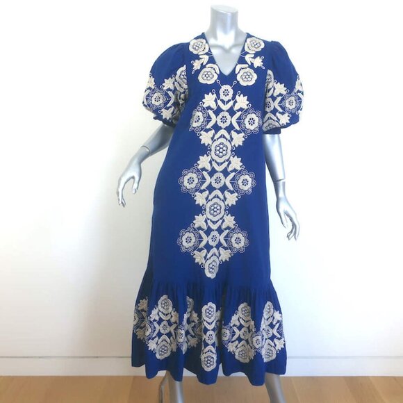 SEA New York Dresses & Skirts - SEA Manuela Embroidered Midi Dress Blue Cotton-Linen Size Extra Small